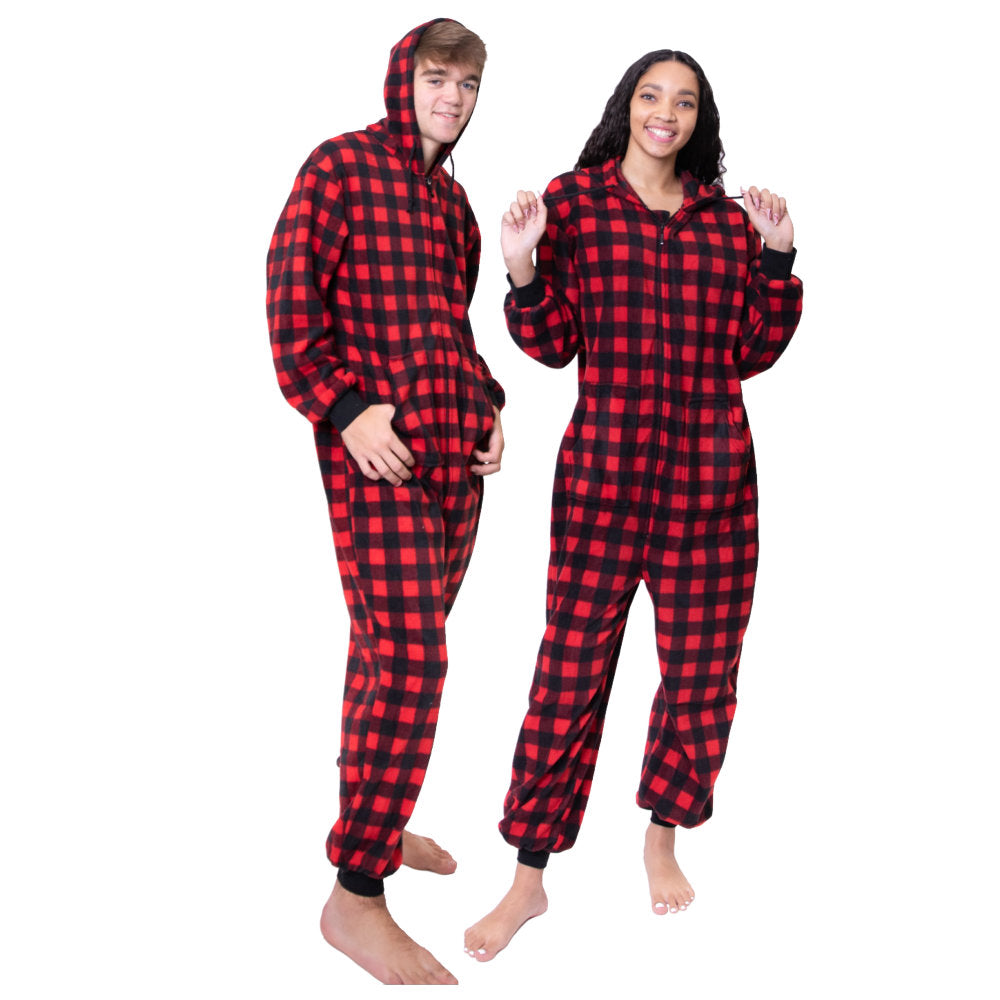 A man with his hood up and hands in pockets and a woman wearing matching Red & Black Buffalo Plaid Fleece Adult Onesie Hoodie Jumpsuit Pajamas from big Fet Pajama Company.
