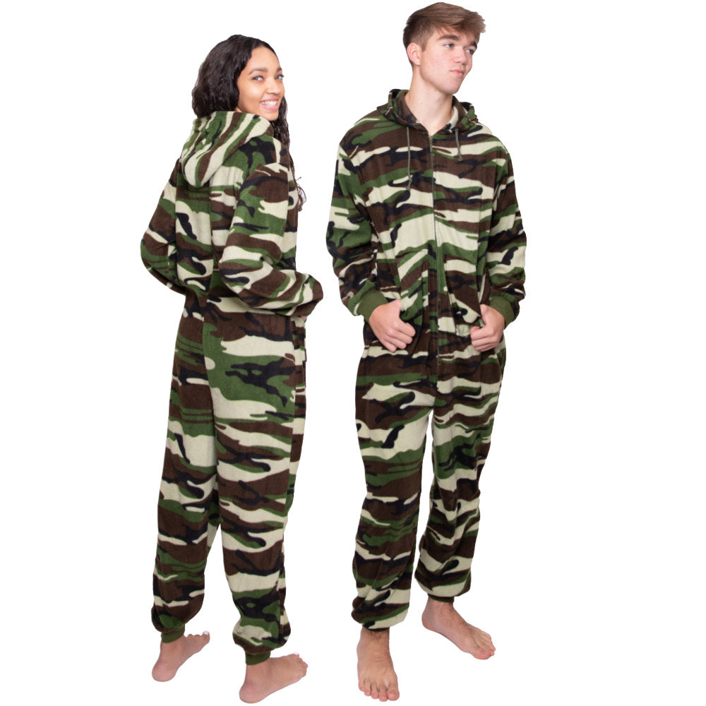 A man & woman wearing matching Camouflage Fleece Adult Onesie Hoodie Jumpsuit Pajamas from Big Feet Pajama Company.
