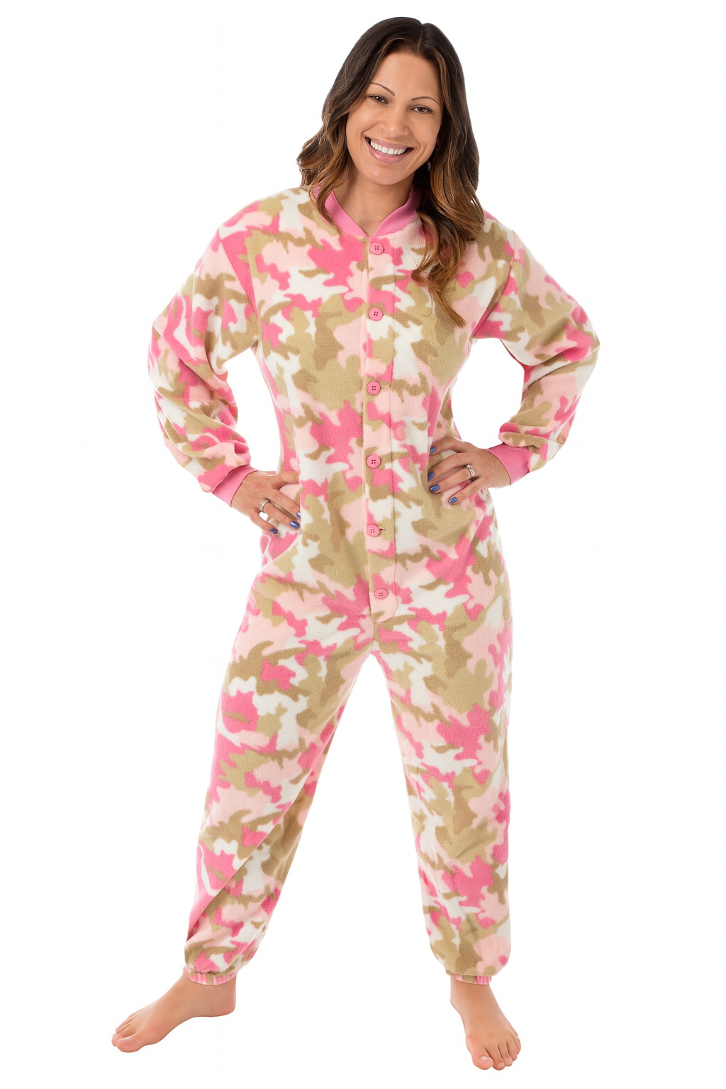 Pink Camouflage Fleece Onesie Pajama for Women, Footless