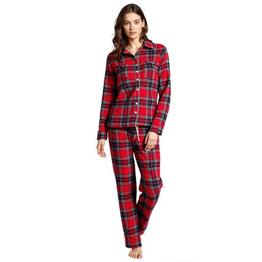 Woman wearing red & black plaid cotton flannel 2 piece pajama set from Big Feet Pajamas