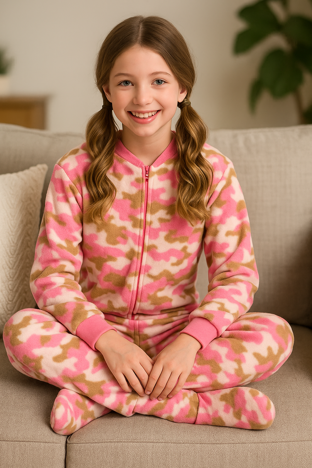 Girls Pink Camouflage Fleece Onesie Footed Pajamas for Kids