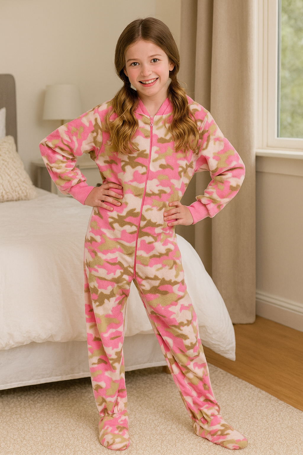 Girls Pink Camouflage Fleece Onesie Footed Pajamas for Kids