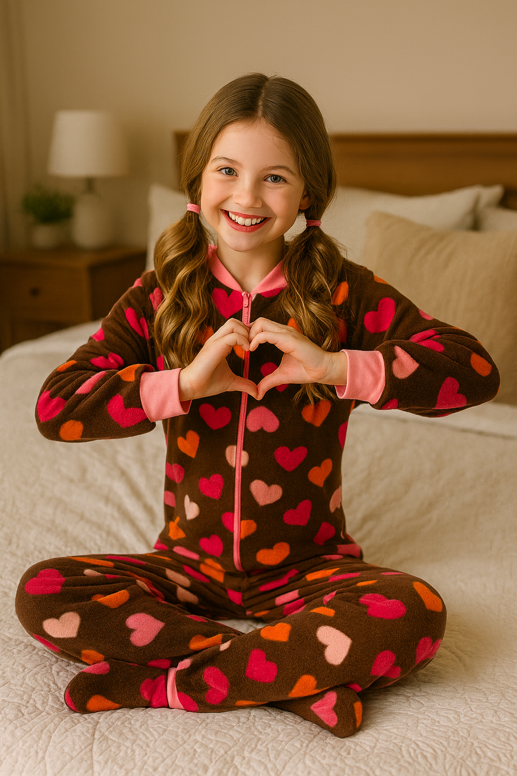Girls Chocolate Brown with Hearts Fleece Onesie Footed Pajamas for Kids