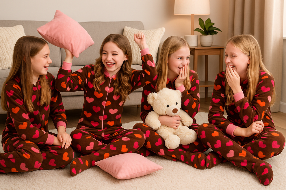 Chocolate-Brown Fleece Footed Pajamas With Hearts for Girls, Sizes 6 8 ...