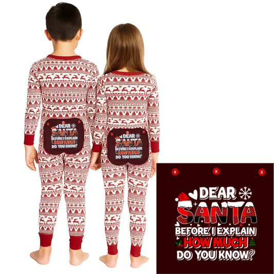 Funny Onesie Union Suit Boys & Girls Kids Pajamas Sign on Rear, "SANTA, BEFORE I EXPLAIN"