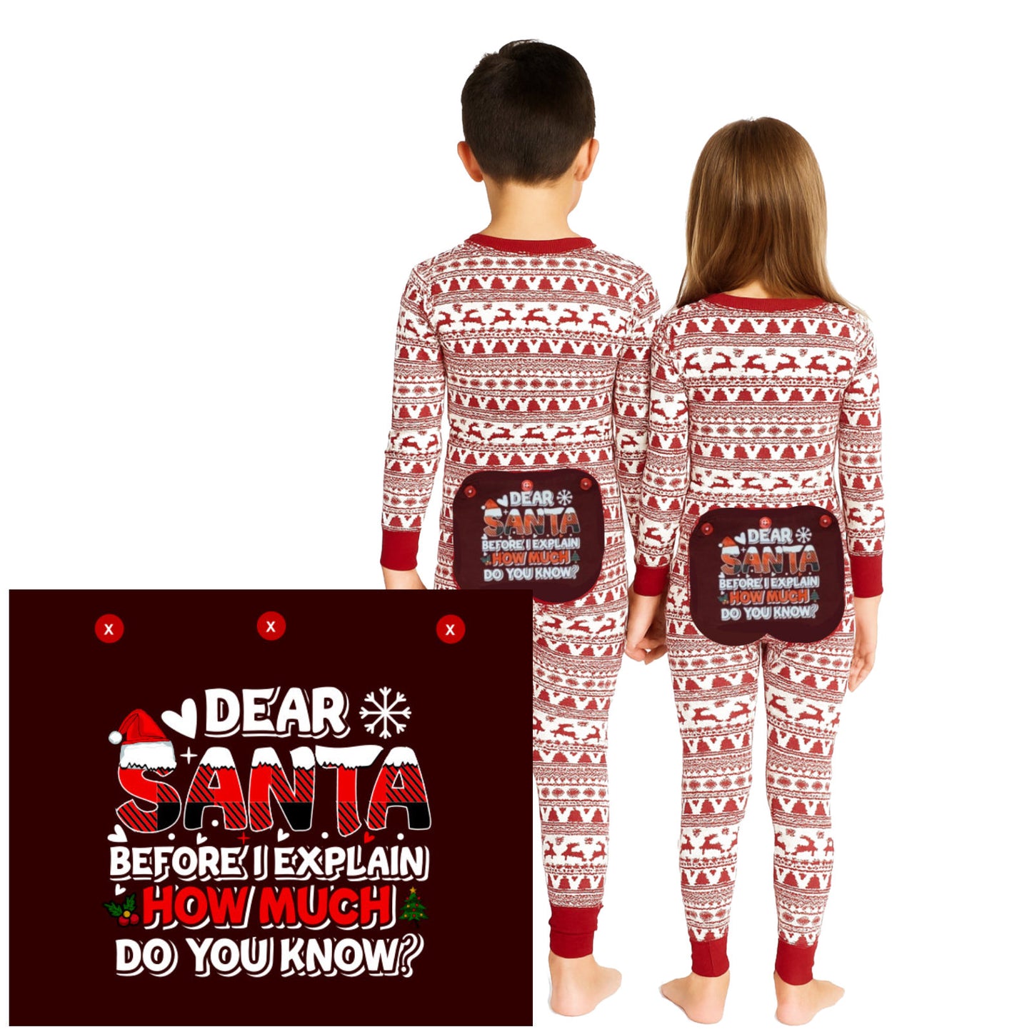 Funny Onesie Union Suit Boys & Girls Kids Pajamas Sign on Rear, "SANTA, BEFORE I EXPLAIN"