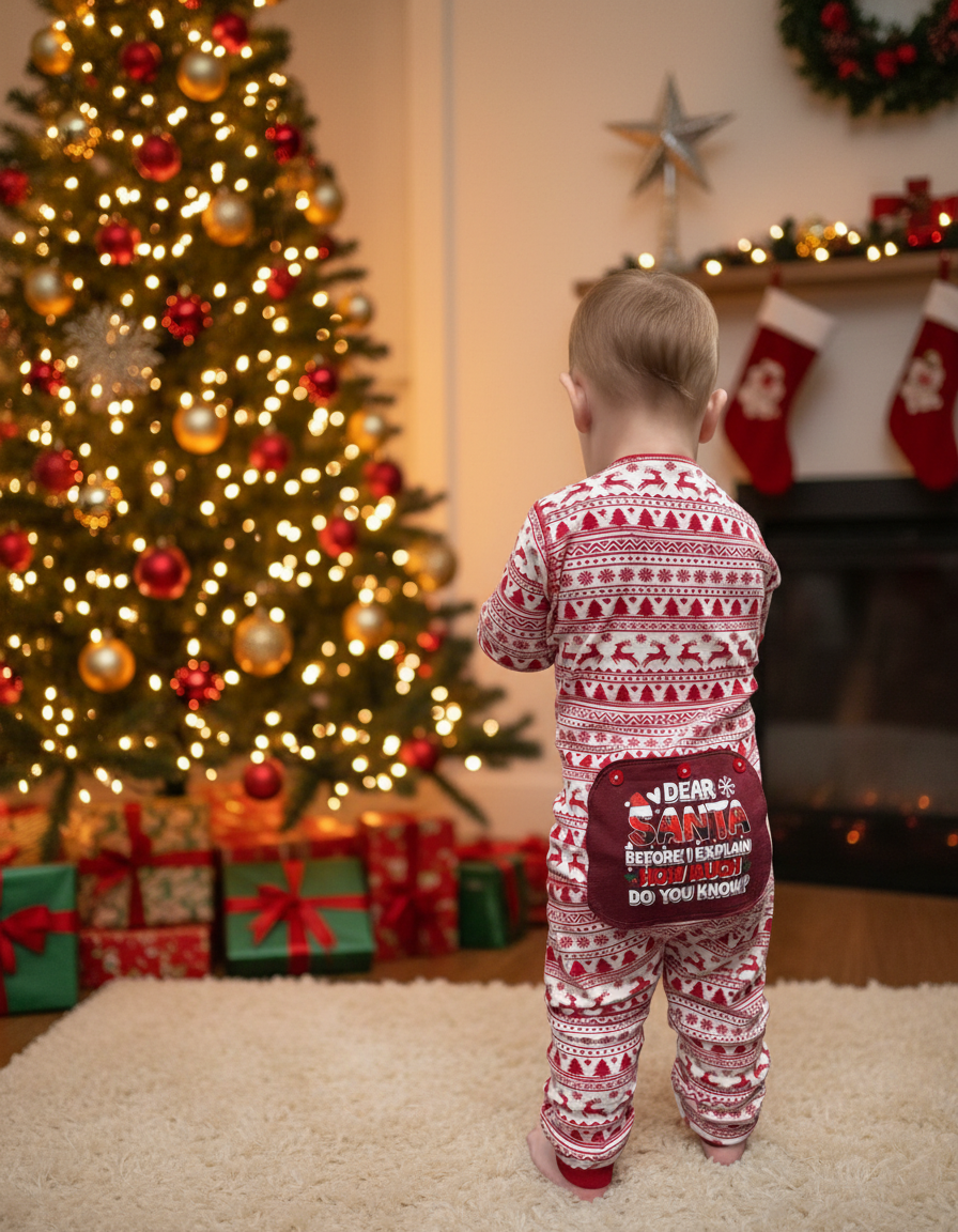 child wearing Cjristmas onesie pajama with a red on white fair isle nordic print with a rear nonfunctional flap that reads "Dear Santa, Before I explain, How much do you know? Funny Onesies by Big Feet Pajama Company