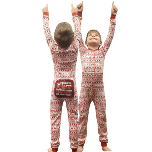 Two kids wearing red & white onesie PJs with a Christmas design & rear flap reads "Dear Santa, Before I Explain, How Much Do You Know?" by Big Feet Pajamas