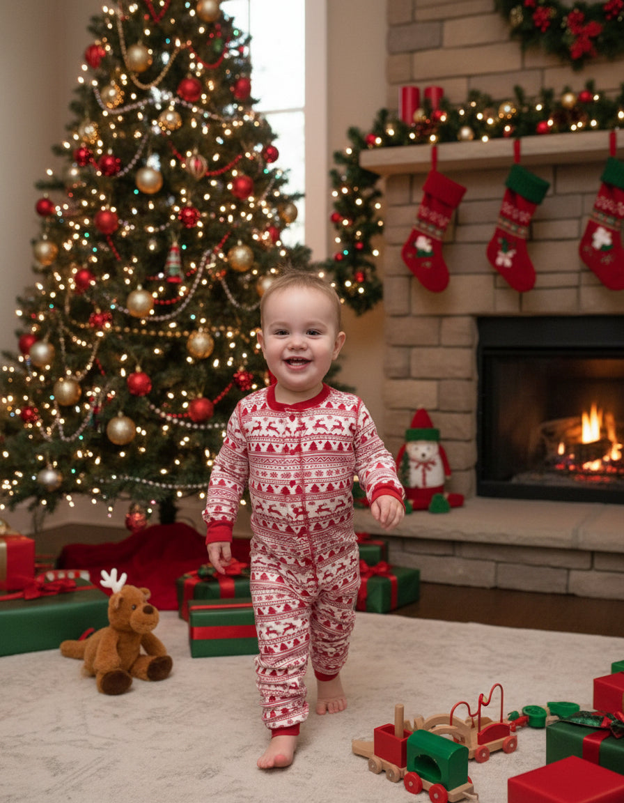 Child wearing a red and white patterned pajama on Christmas morning with a Christmas tree, toys and fireplace