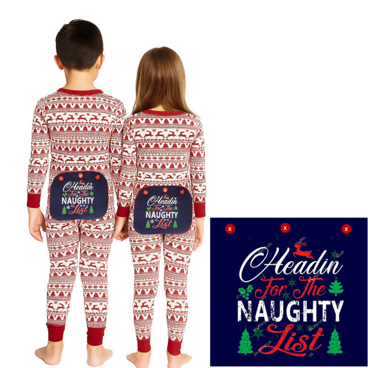 Funny Onesie Union Suit Kids Pajamas Sign on Rear, "HEADIN For The NAUGHTY List"
