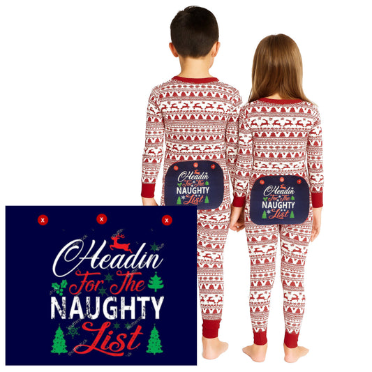 Funny Onesie Union Suit Kids Pajamas Sign on Rear, "HEADIN For The NAUGHTY List"