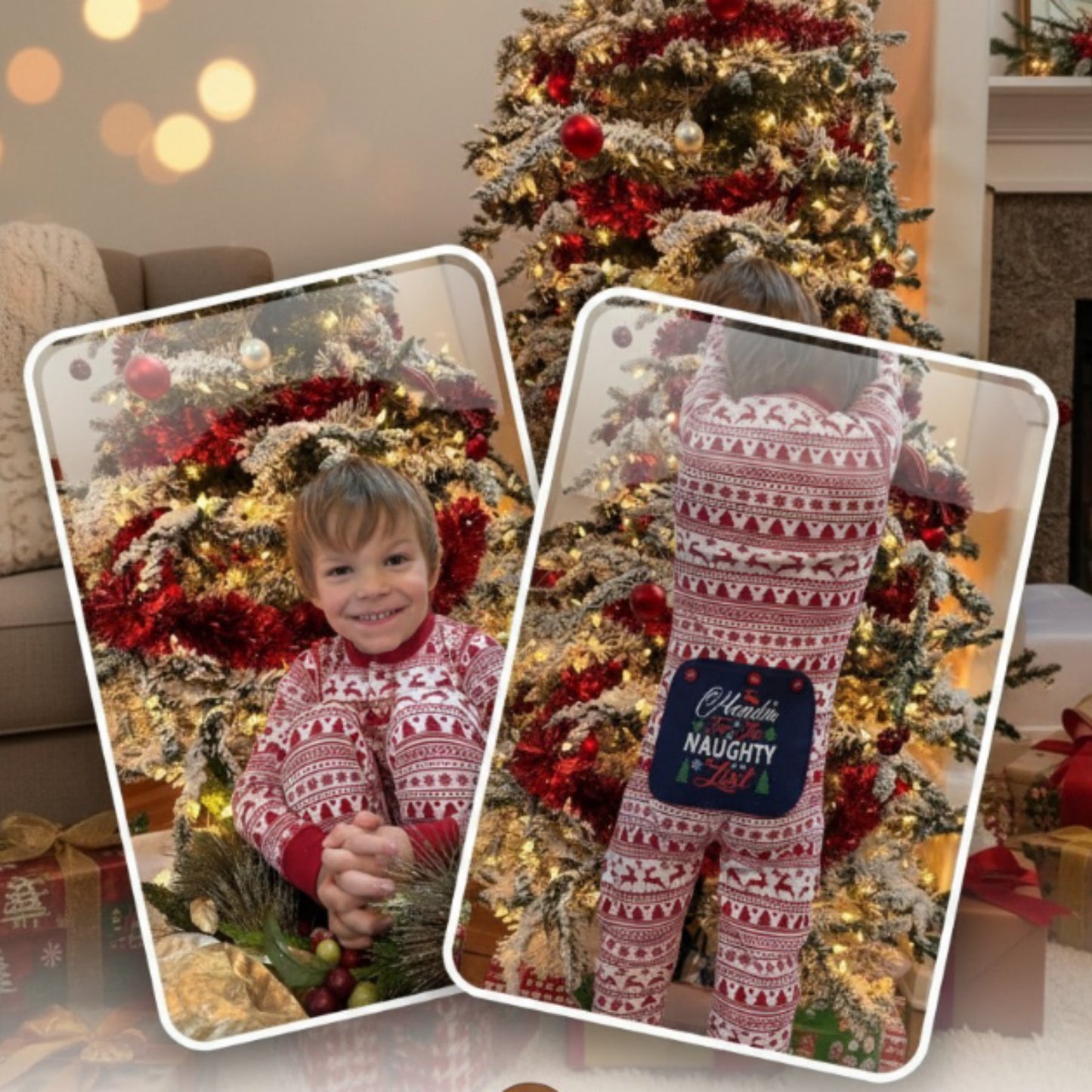 Funny Onesie Union Suit Kids Pajamas Sign on Rear, "HEADIN For The NAUGHTY List"