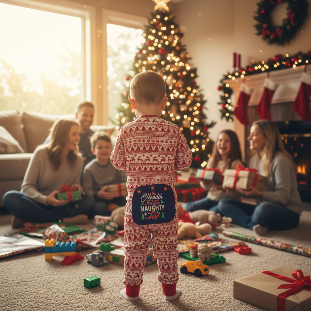 Child wearing a red-and-white Big Feet Pajama Co. Scandinavian-patterned onesie with a blue butt-flap that reads "Headin for the NAUGHTY List" on the back.