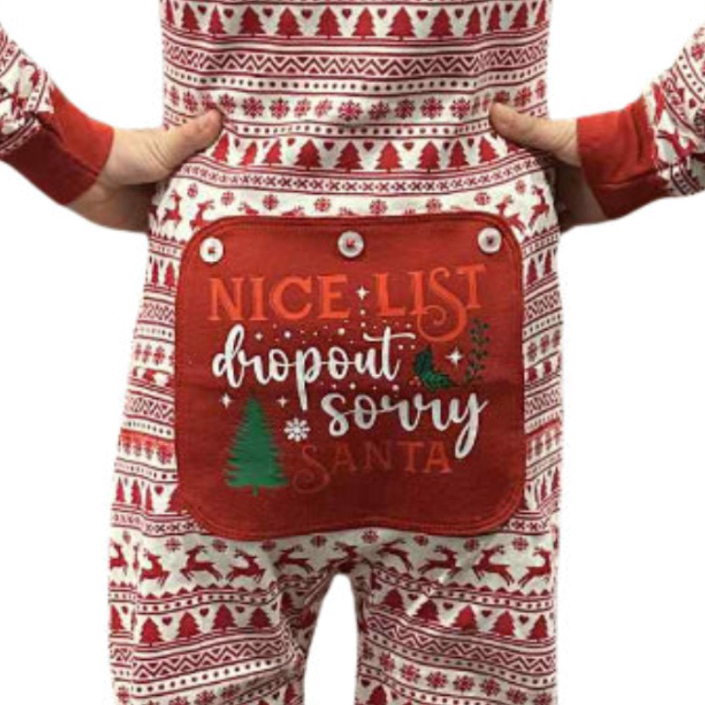 Closeup detail image of the rear flap on Children's Christmas-themed onesie pajama, the rear-flap reads "Nice List Dropout, Sorry Santa" from the Big Feet Pajamas Christmas collection.