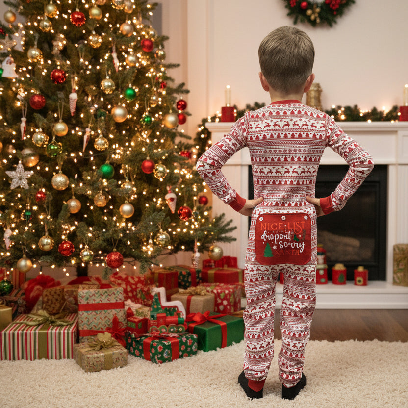 Boy model wearing a red and white fair isle print onesie pajama with a red rear flap that reads, "Nice-List Dropout. Sorry Santa"  from the Big Feet Pajama Christmas Onesie Collection