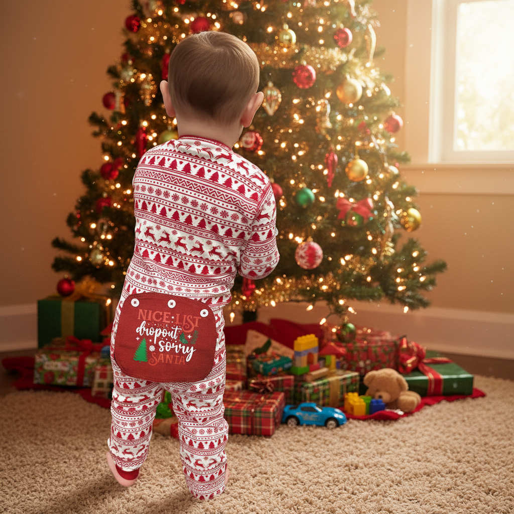 Child wearing a Big Feet Pajama Co. Christmas onesie with a rear flap that reads "Nice List Dropout, Sorry SANTA," standing in front of a decorated Christmas tree with presents. 