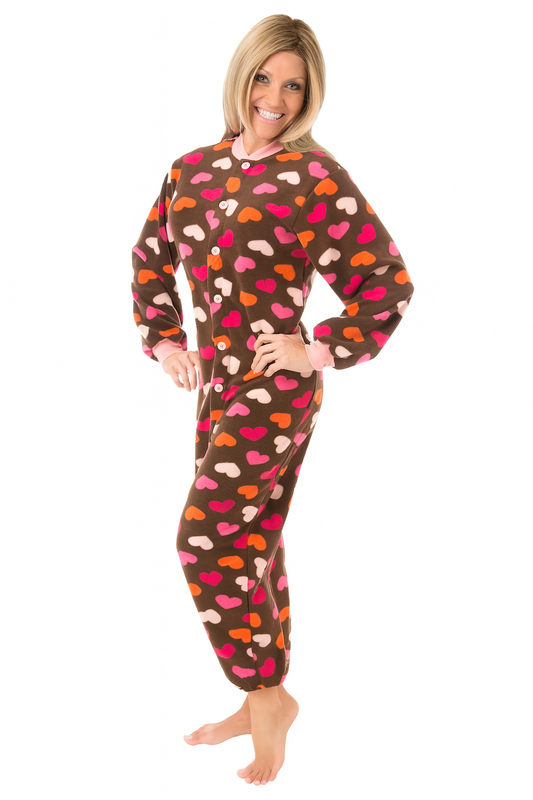 Chocolate and Hearts Fleece Onesie Pajama for Women, Footless