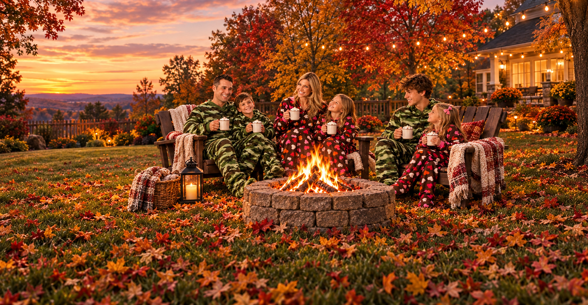 Family wearing matching fleece onesie pajamas — green camo for boys and men, chocolate brown with hearts for girls — gathered around a backyard firepit on a fall evening with colorful fall leaves covering the grass and trees in the background.