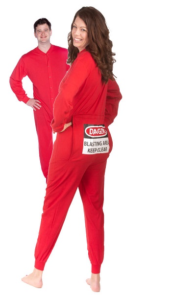 Men's & Women's Red Unisex Union Suit With Funny Butt Flap DANGER —  BLASTING AREA, XS–XXL: Big Feet Onesies & Footed Pajamas