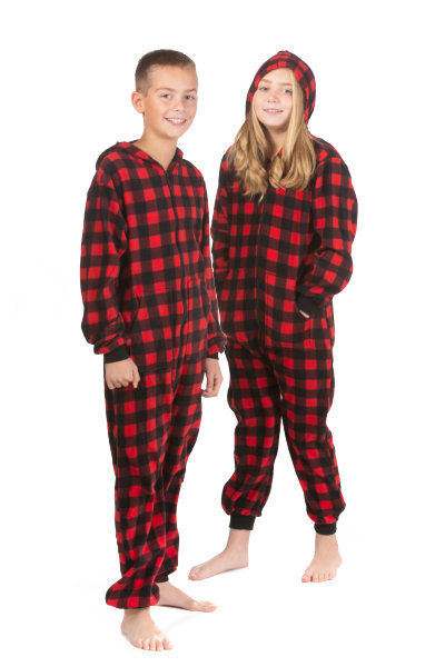 Red & Black Buffalo Plaid Fleece Hooded Footless Onesie Jumpsuit Pajamas  for Boys & Girls: Big Feet Onesies & Footed Pajamas